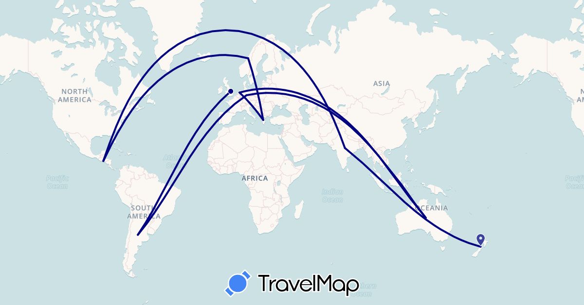 TravelMap itinerary: driving in Argentina, Australia, Germany, United Kingdom, Greece, Indonesia, India, Netherlands, Norway, New Zealand, El Salvador (Asia, Europe, North America, Oceania, South America)